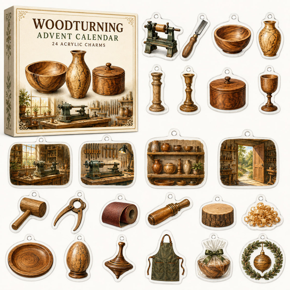 Woodturning advent calendar box and24 printed acrylic craft charms