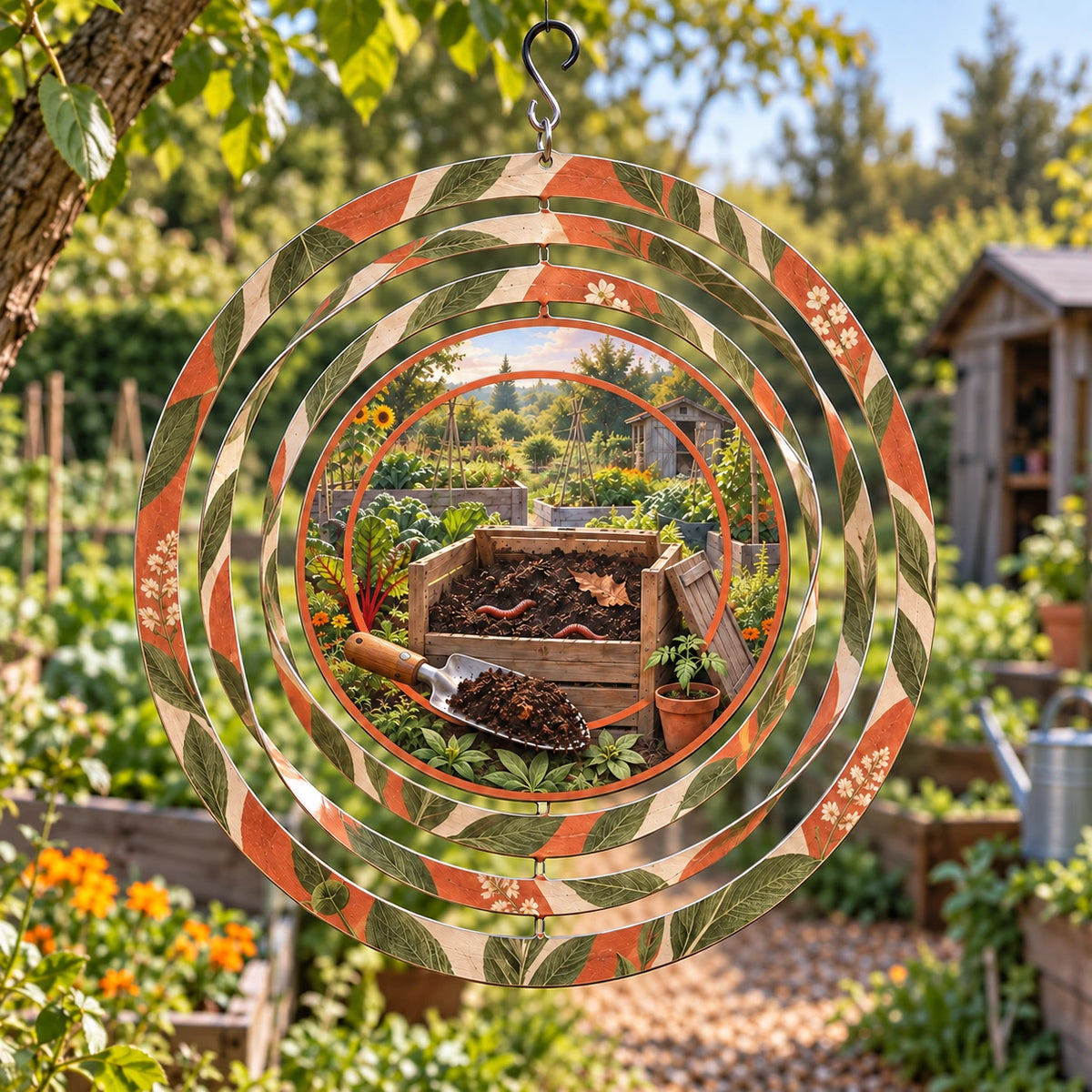 Worm Compost Garden Wind Spinner with original printed optical 3D artwork