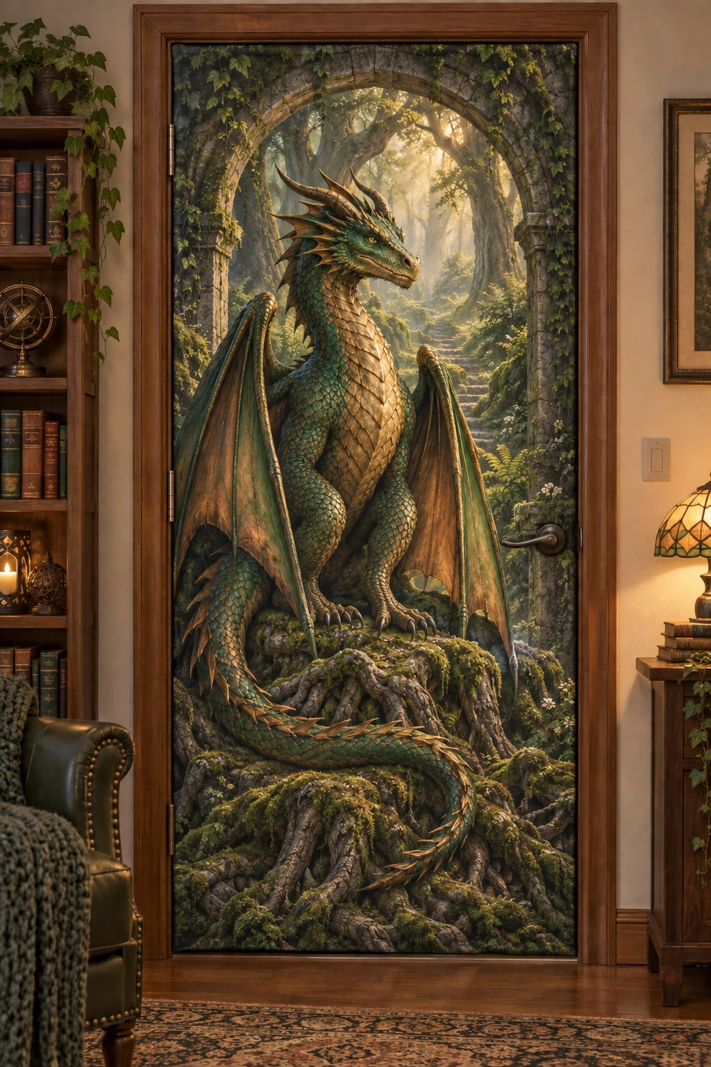 Wyvern Forest Throne Fabric Door Cover with flat printed wyvern and enchanted forest depth
