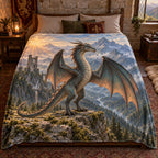 Two-legged wyvern above mountain valley, flat printed fleece throw blanket.