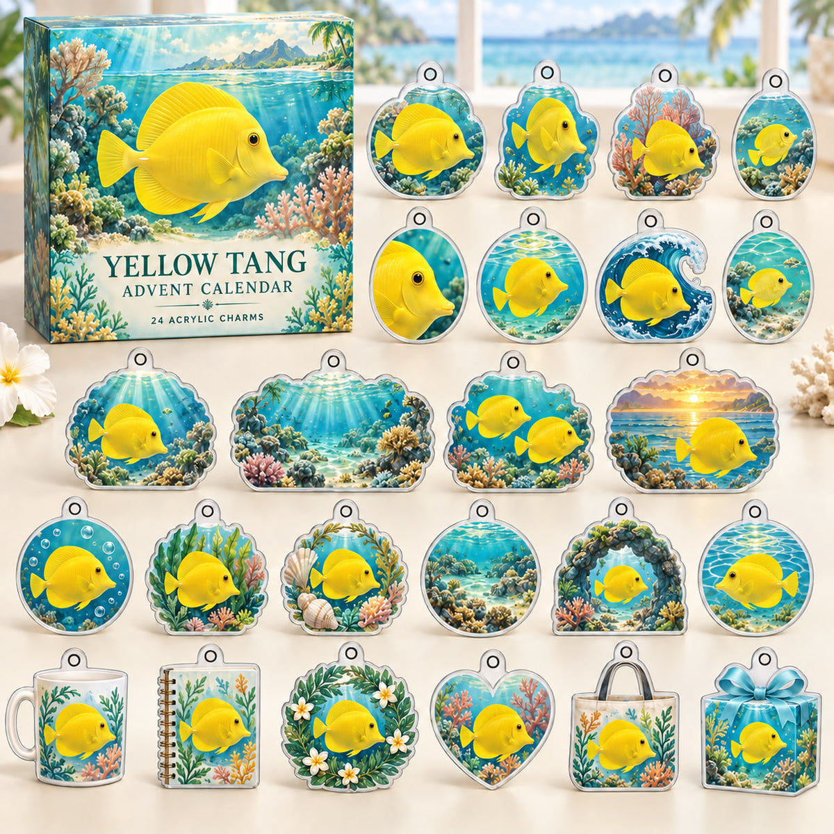 Yellow Tang advent calendar box with 24 themed flat printed acrylic charms