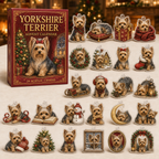 Yorkshire Terrier Christmas advent calendar gift box with 24 illustrated acrylic charms arranged on a light tabletop
