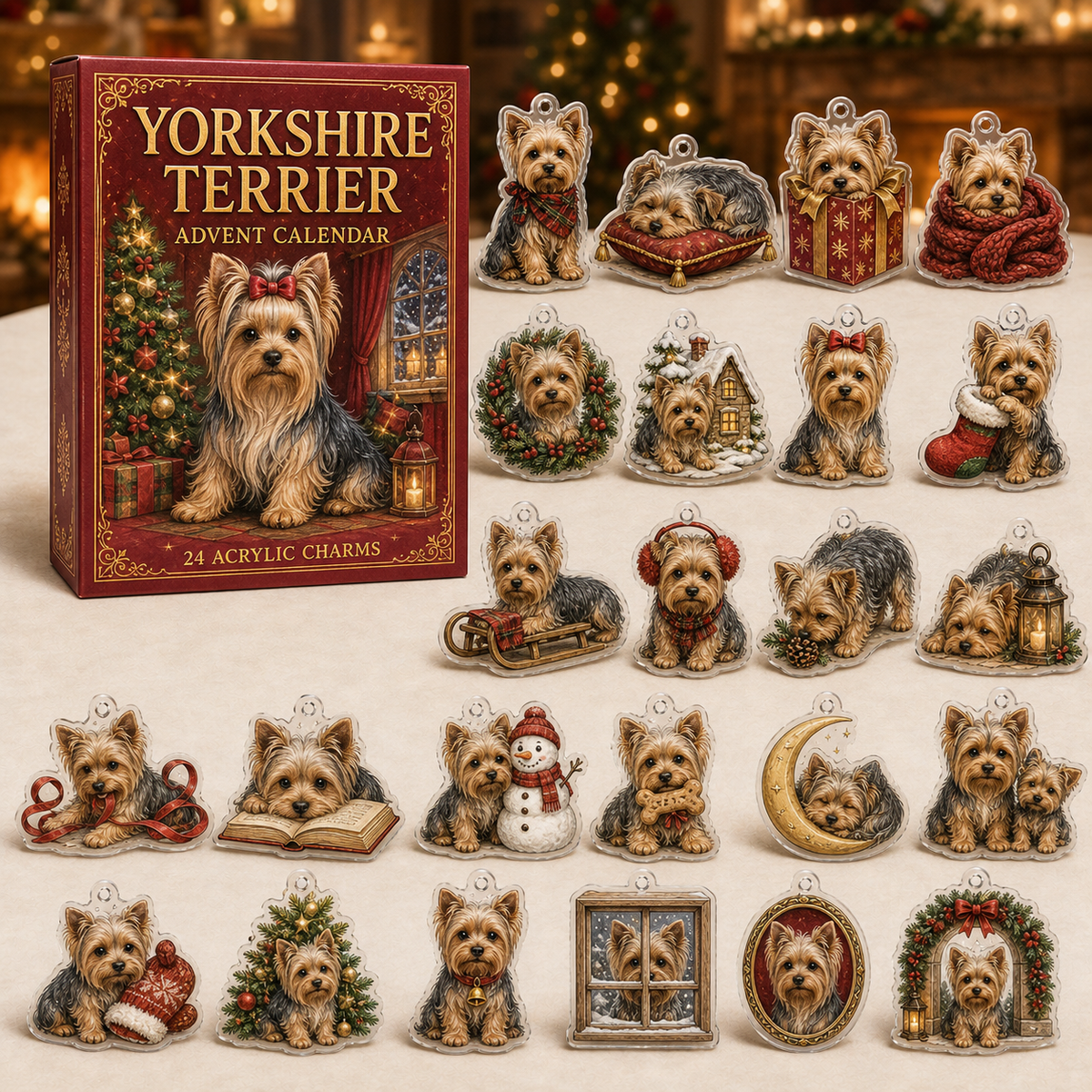 Yorkshire Terrier Christmas advent calendar gift box with 24 illustrated acrylic charms arranged on a light tabletop