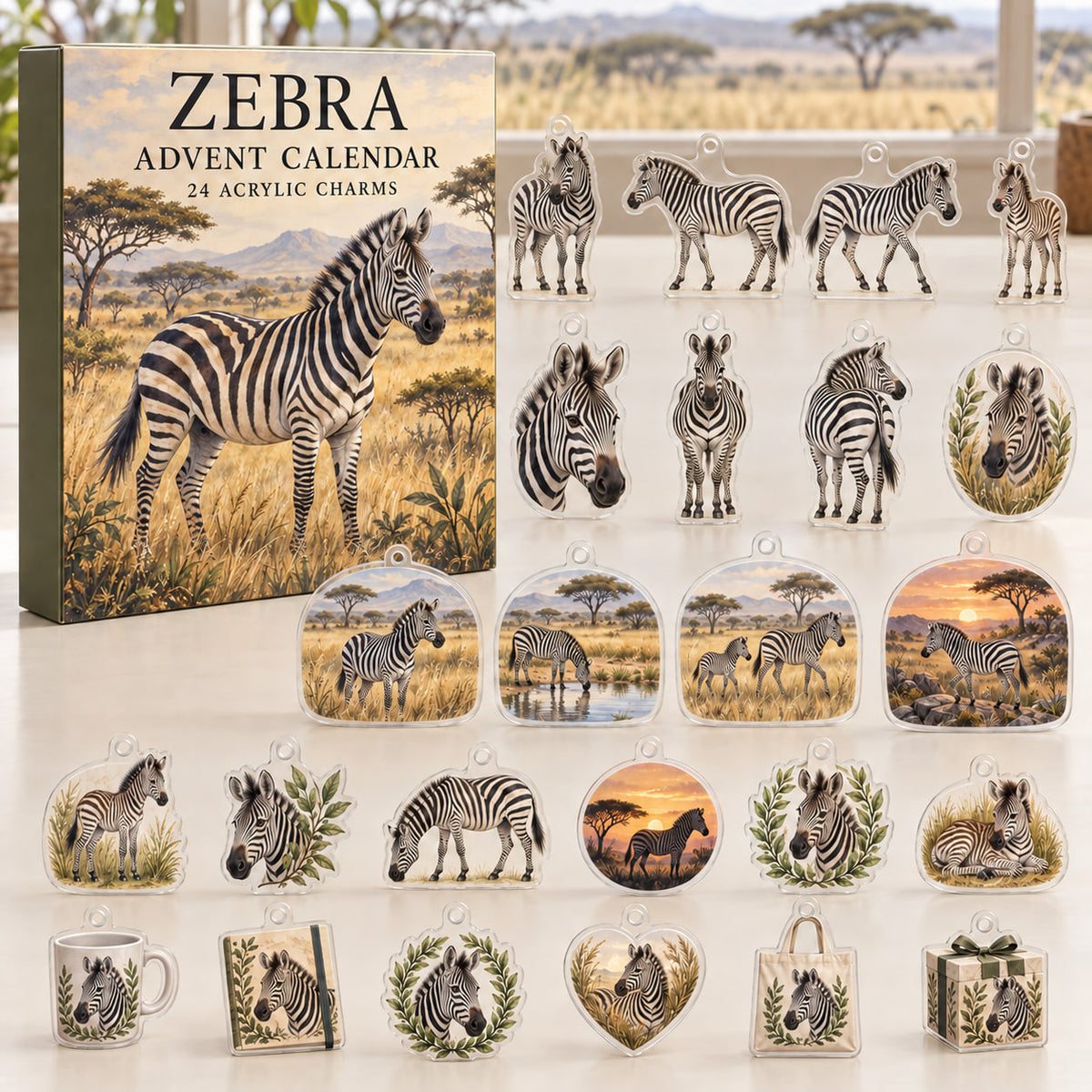 Zebra advent calendar box with 24 themed flat printed acrylic charms