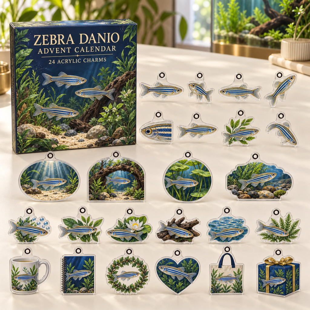 Zebra Danio advent calendar box with 24 themed flat printed acrylic charms