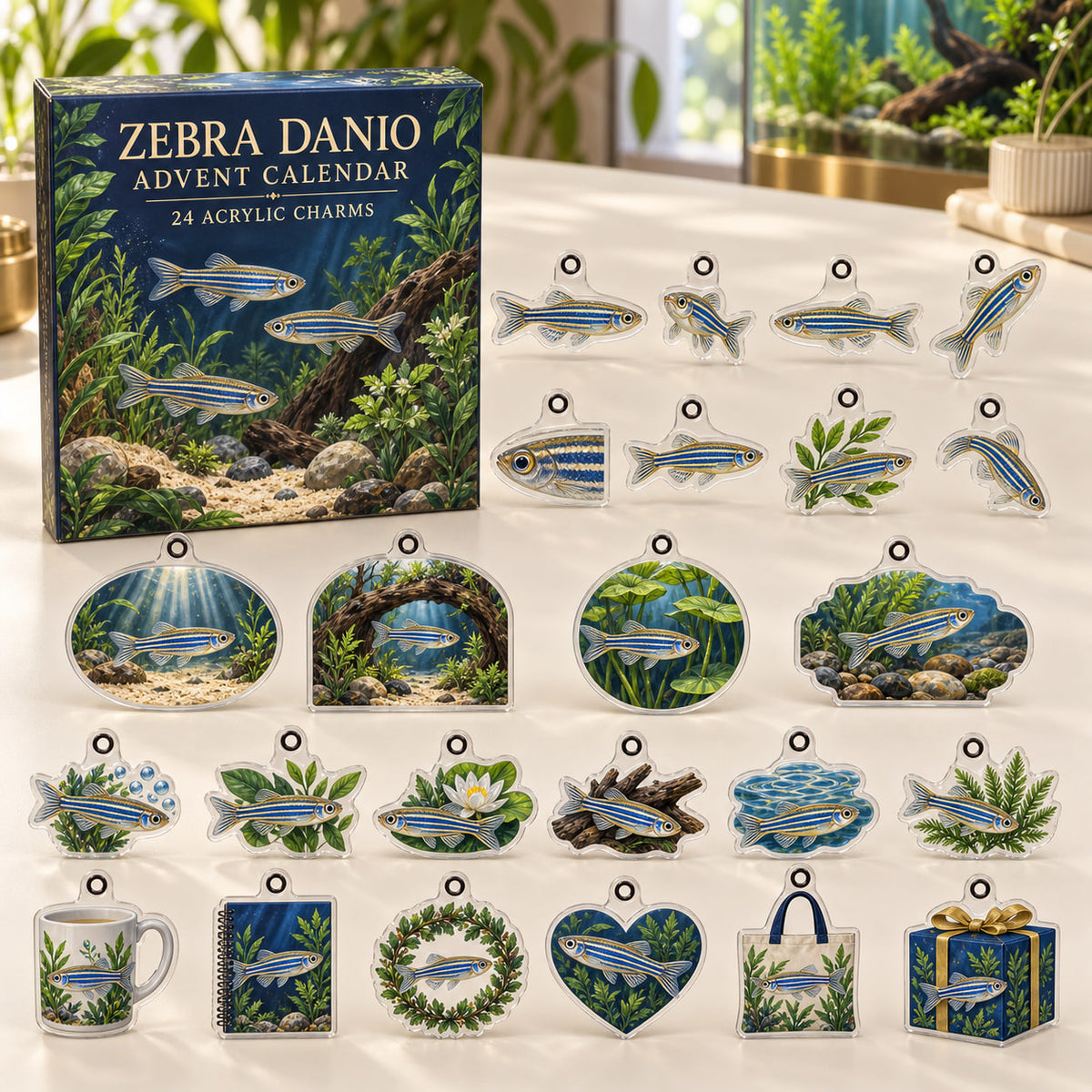 Zebra Danio advent calendar box with 24 themed flat printed acrylic charms