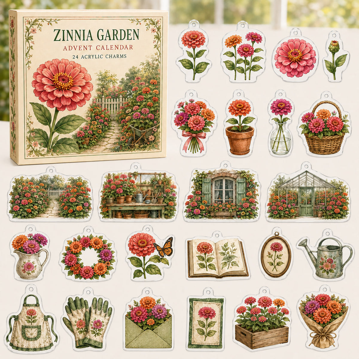 Zinnia flower advent calendar box and 24 printed acrylic botanical charms
