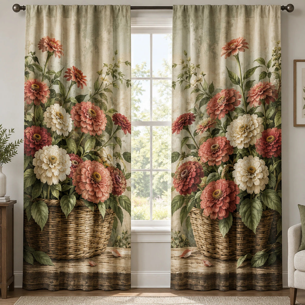 Zinnia Garden Basket Window Curtains with printed dimensional artwork
