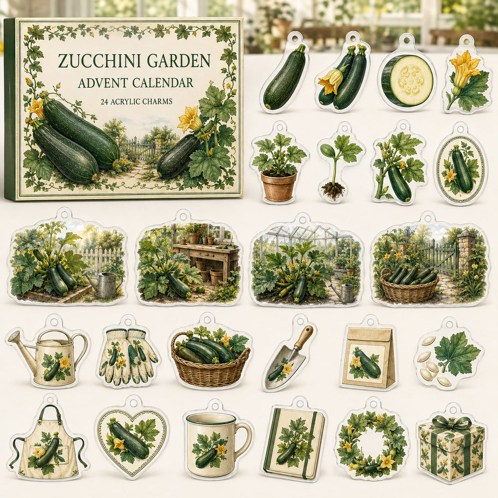 Zucchini Growing advent calendar box with24 printed acrylic vegetable-garden charms