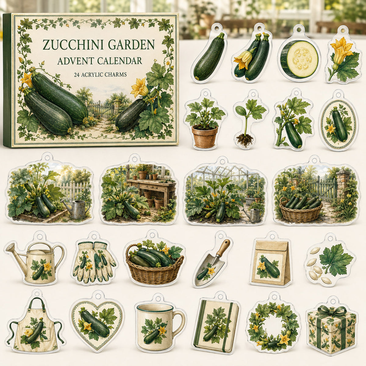 Zucchini Growing advent calendar box with24 printed acrylic vegetable-garden charms
