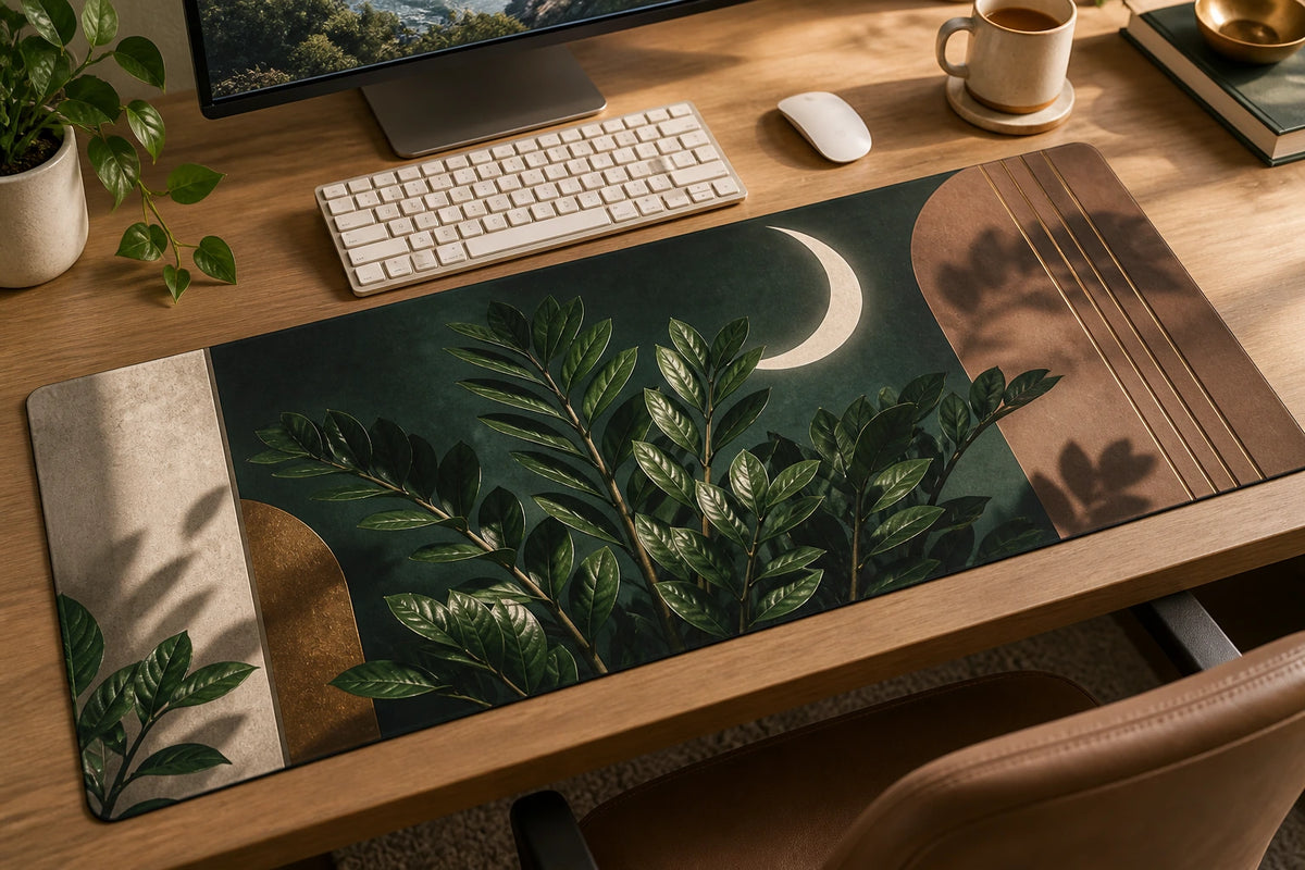 ZZ Plant Moon Garden Desk Mat with printed dimensional artwork