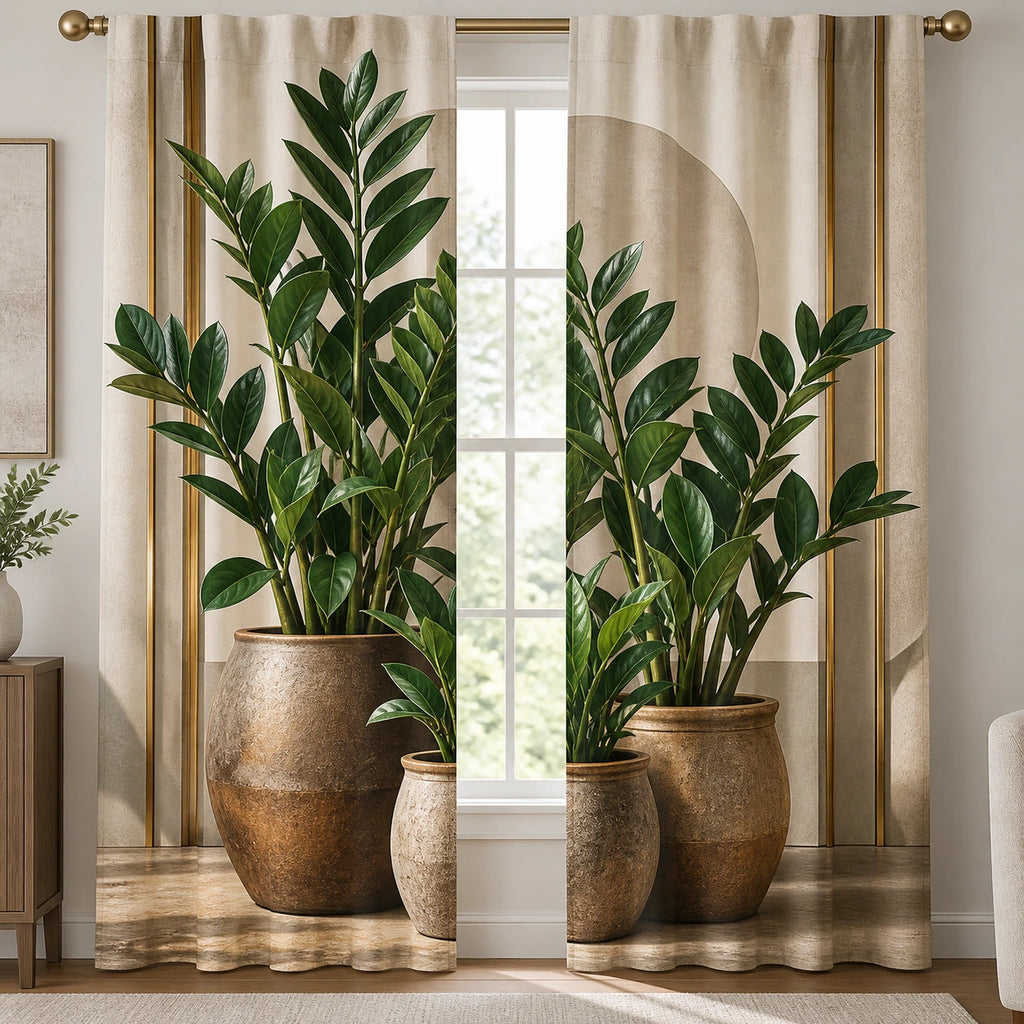 ZZ Plant Terracotta Cluster Window Curtains with printed dimensional artwork
