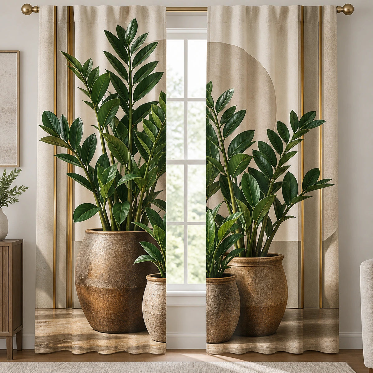 ZZ Plant Terracotta Cluster Window Curtains with printed dimensional artwork